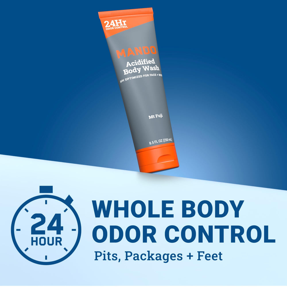 Mando Odor Shield Body Wash pump dispensing provides smooth lather for odor-conscious routines.