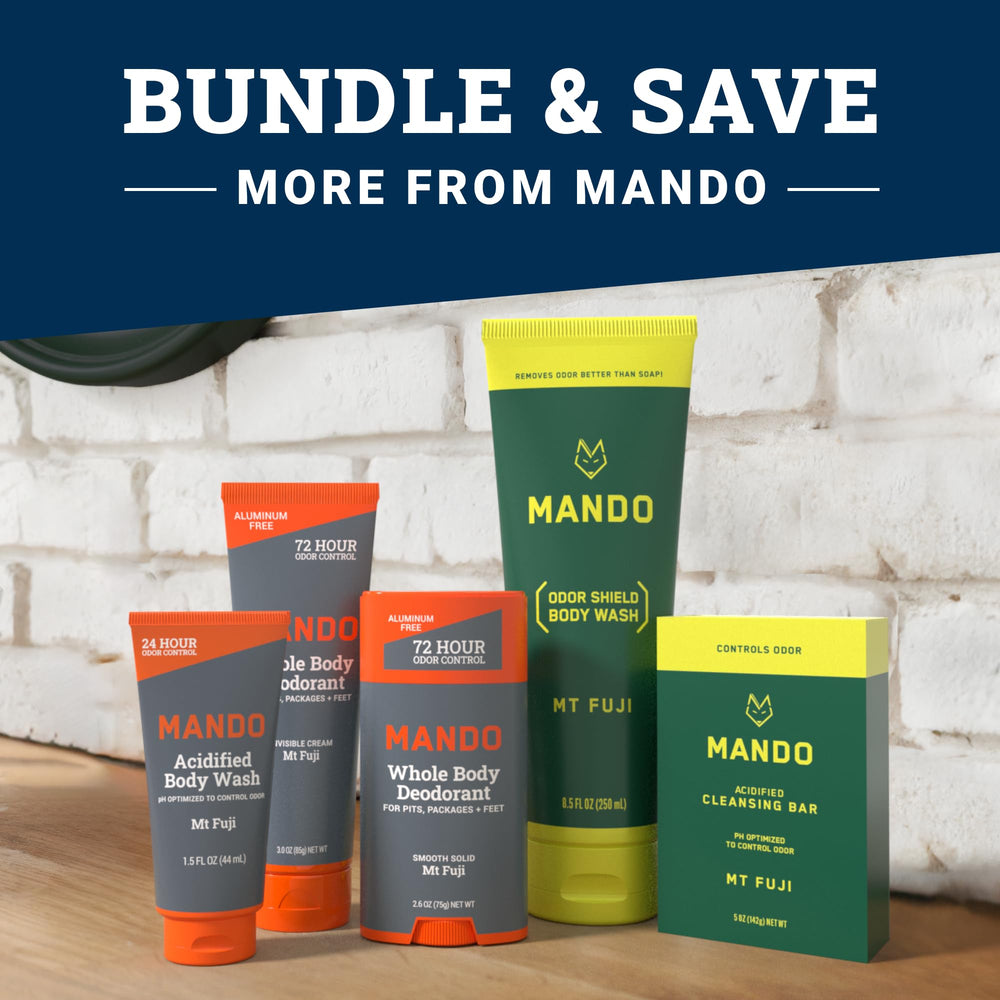 Mando Odor Shield Body Wash shelf-display shows compact duo for odor defense.
