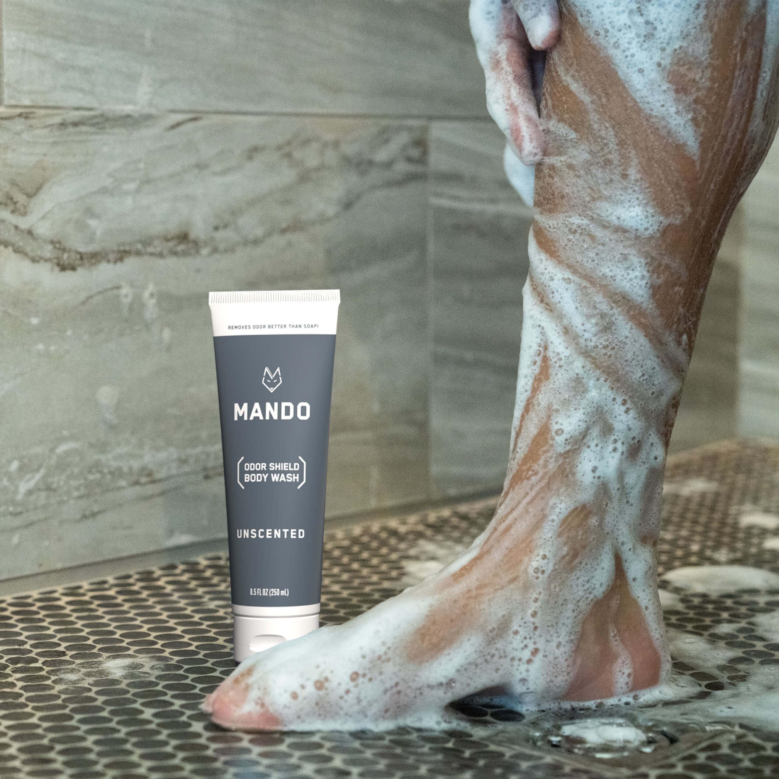 Mando Odor Shield Body Wash unscented-label confirms skin-safe SLS-free formulation