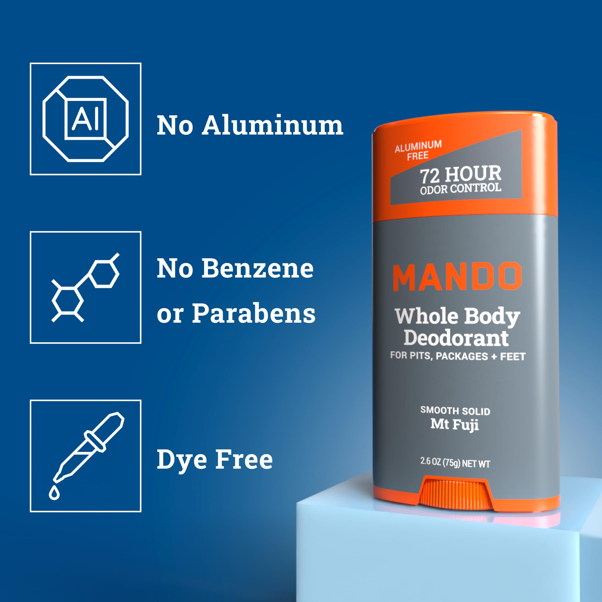 Mando packaging 3-pack display highlighting aluminum-free formula.