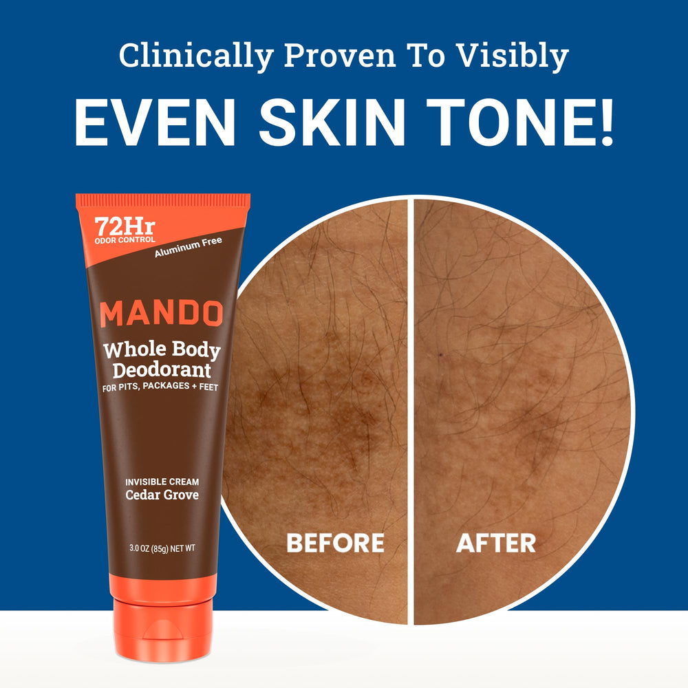 Mando preodorant science highlights pH-balanced formula preventing odor.