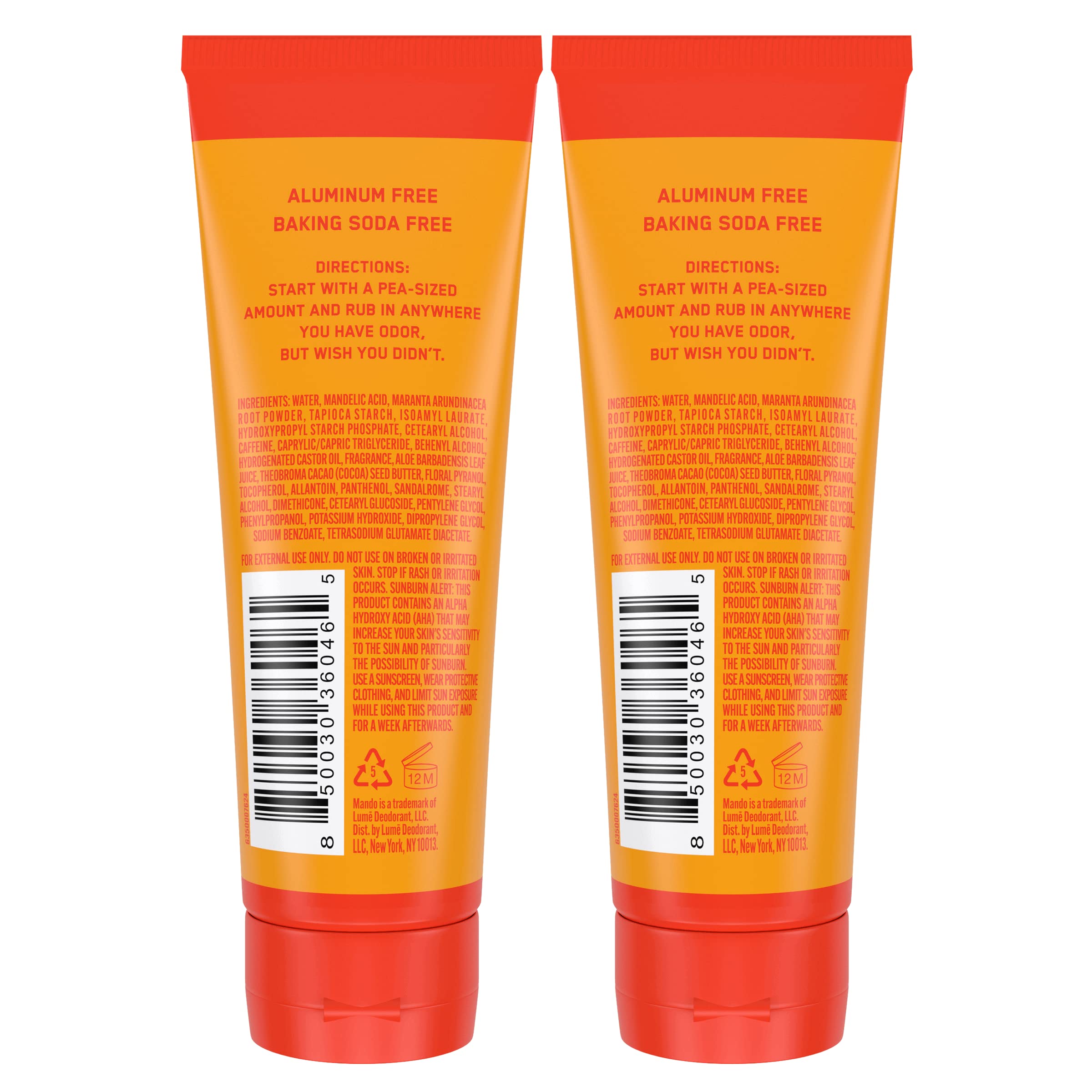 Mando Bourbon Leather on shelf emphasizes skin-safe, aluminum- and baking soda-free formula