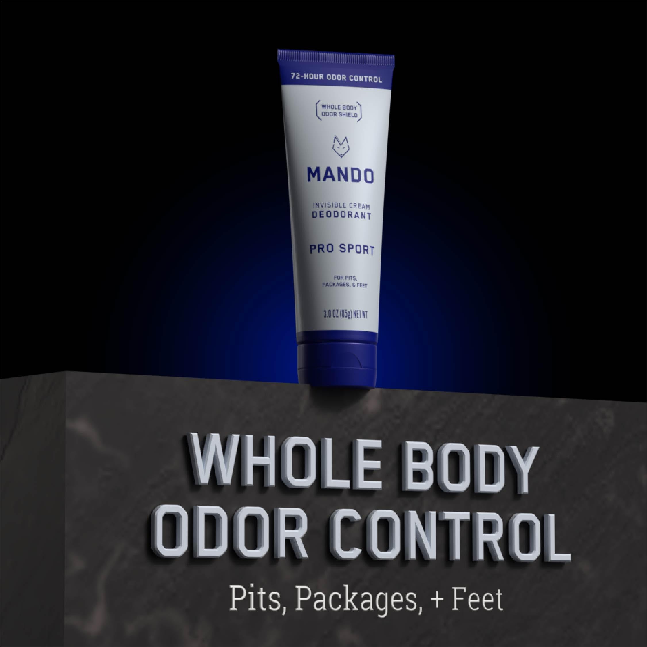Mando Pro Sport in use for pits and feet during travel to control odor.