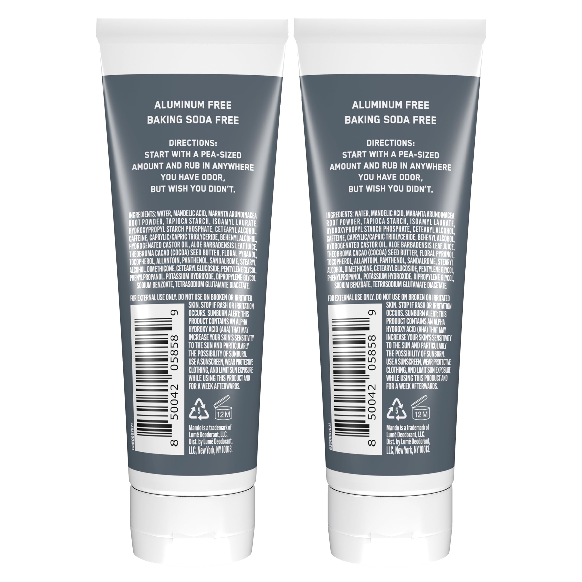 Mando aluminum-free and baking-soda-free formula promotes skin safety.