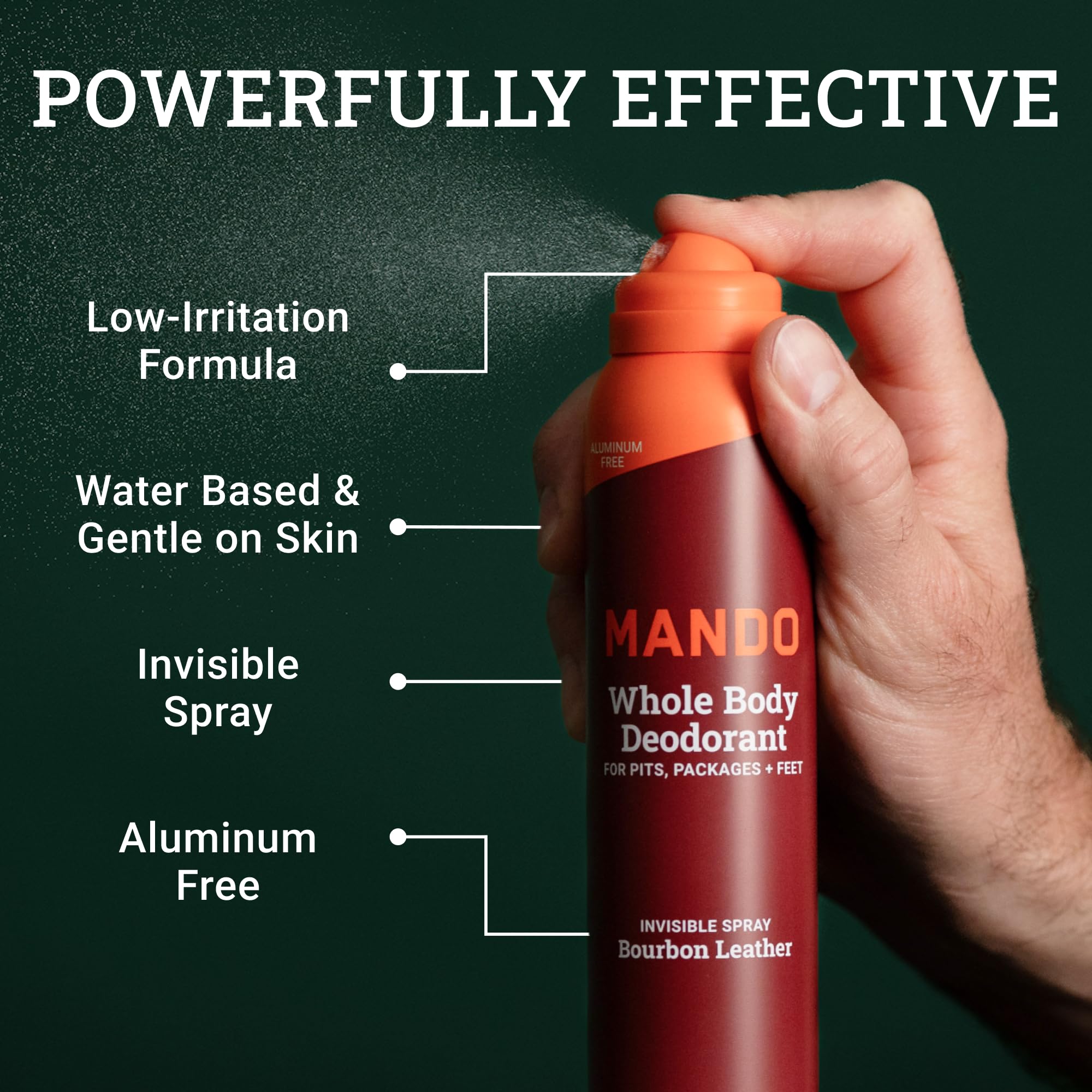 Mando Bourbon Leather spray closeup showing invisible spray on skin