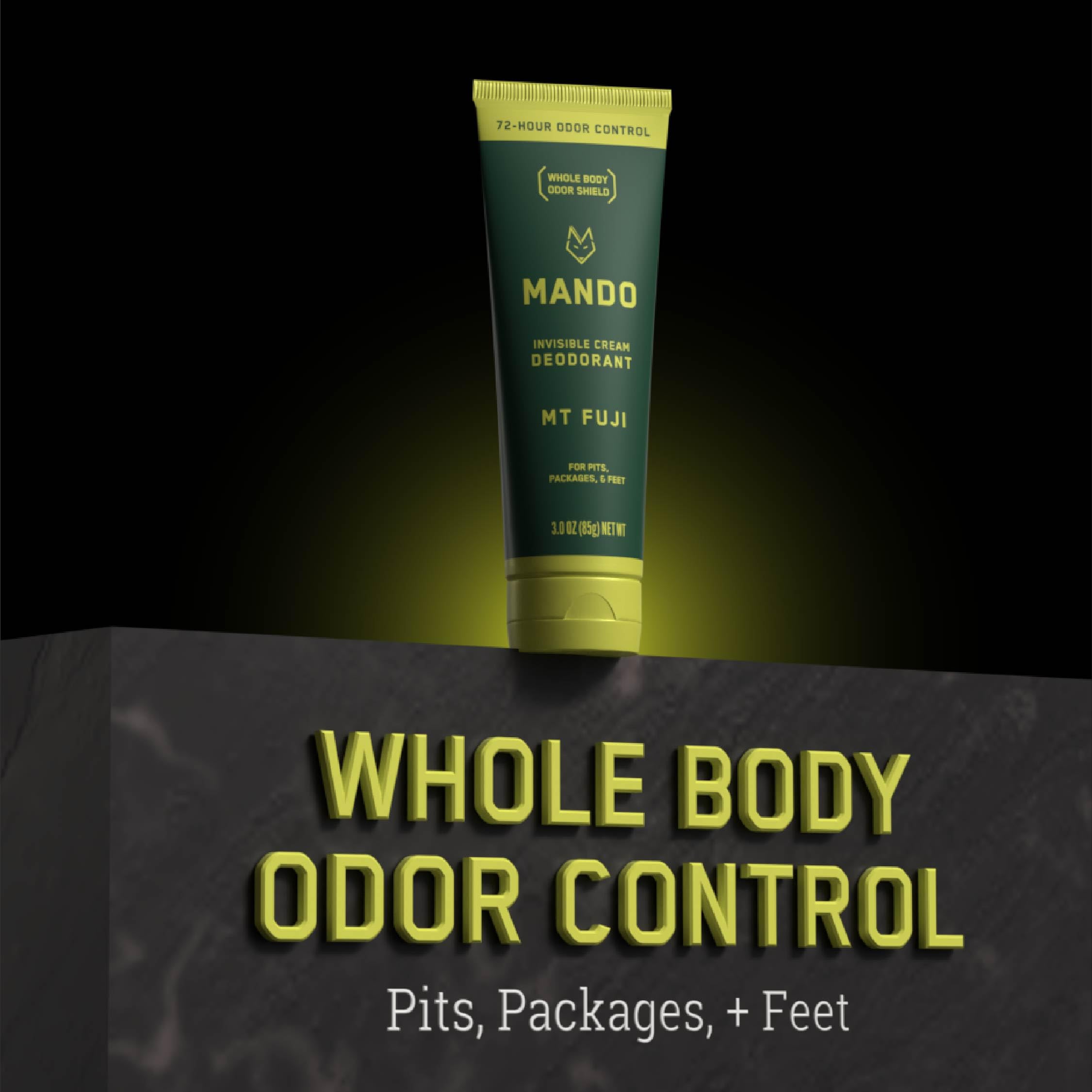 Mando Mt Fuji skin-safe label emphasizes aluminum-free and baking soda-free formula