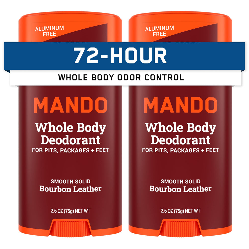 Mando whole body deodorant stick Bourbon Leather shows a skin-safe formula for all-day odor control.