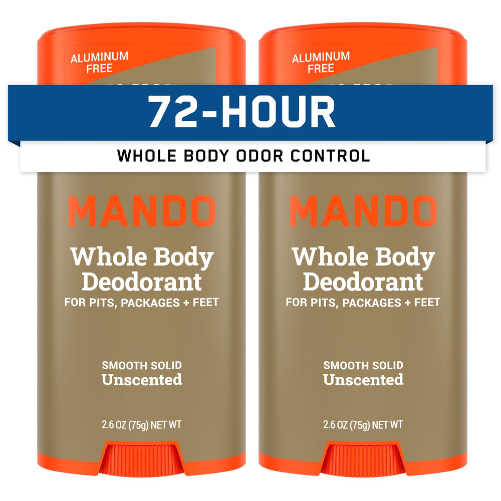 Mando whole body deodorant unscented stick pack-of-2 for all-day odor control.