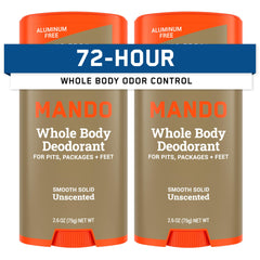 Mando whole body deodorant unscented stick pack-of-2 for all-day odor control.