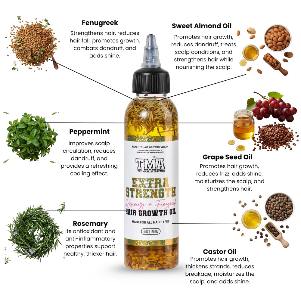 The Mane Attraction black seed almond oils close-up emphasizes balanced hydration.
