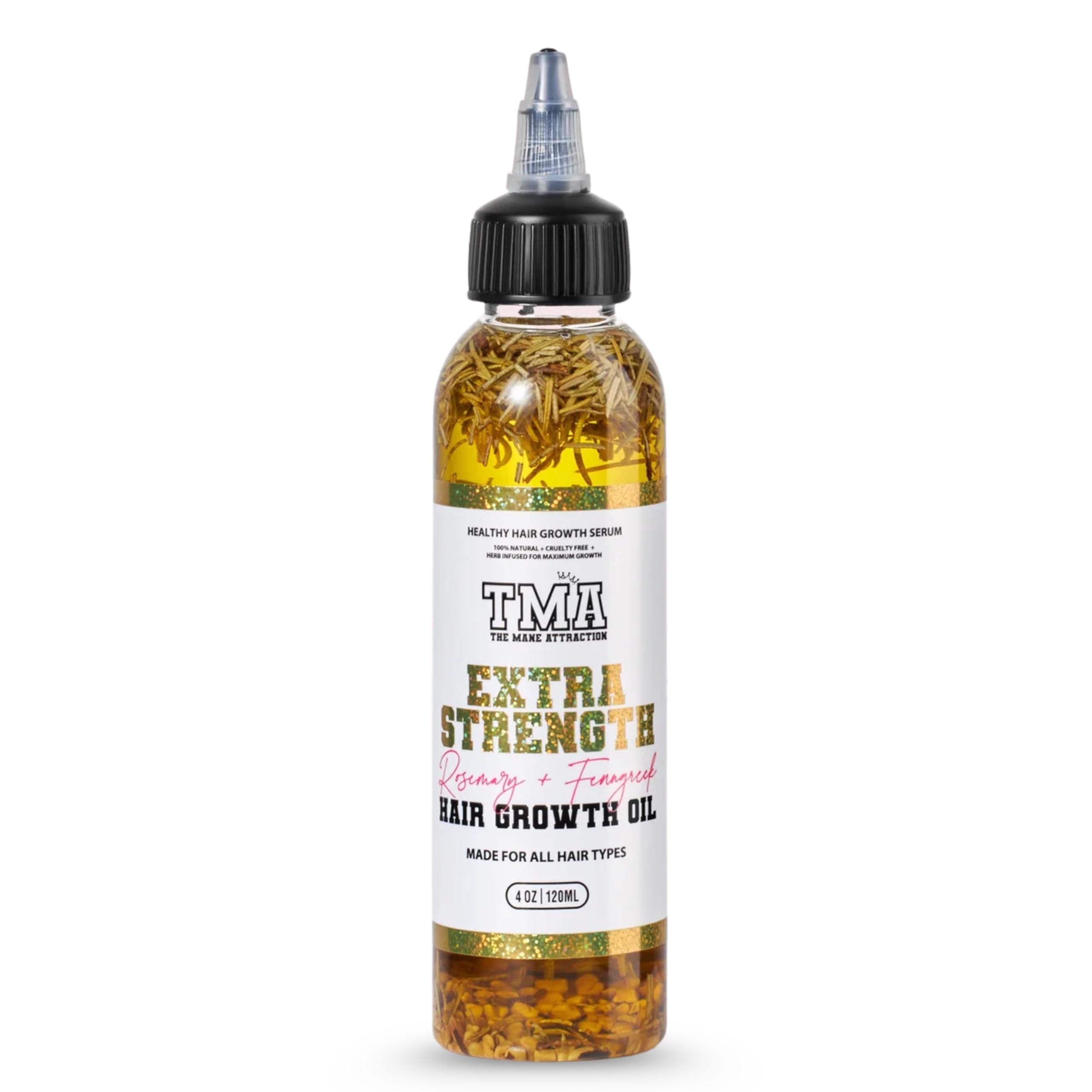 The Mane Attraction extra-strength rosemary fenugreek oil bottle pour for targeted scalp nourishment.