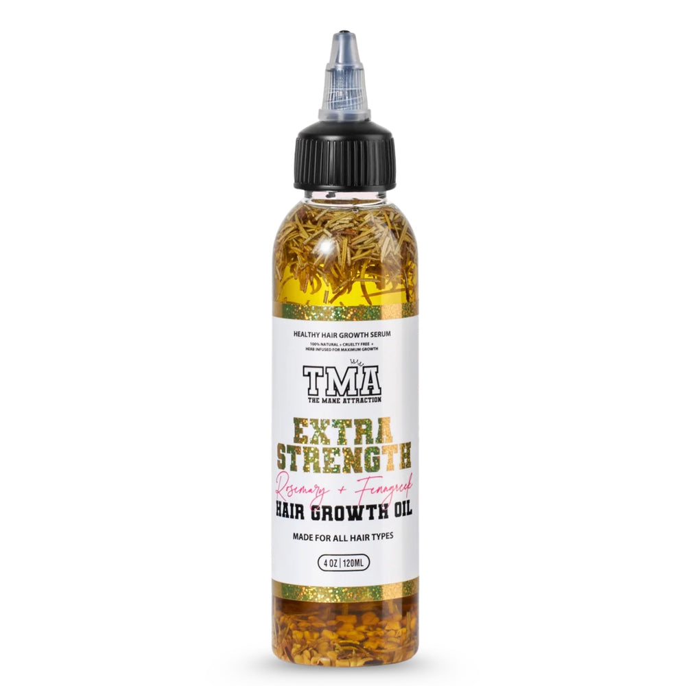 The Mane Attraction extra-strength rosemary fenugreek oil bottle pour for targeted scalp nourishment.