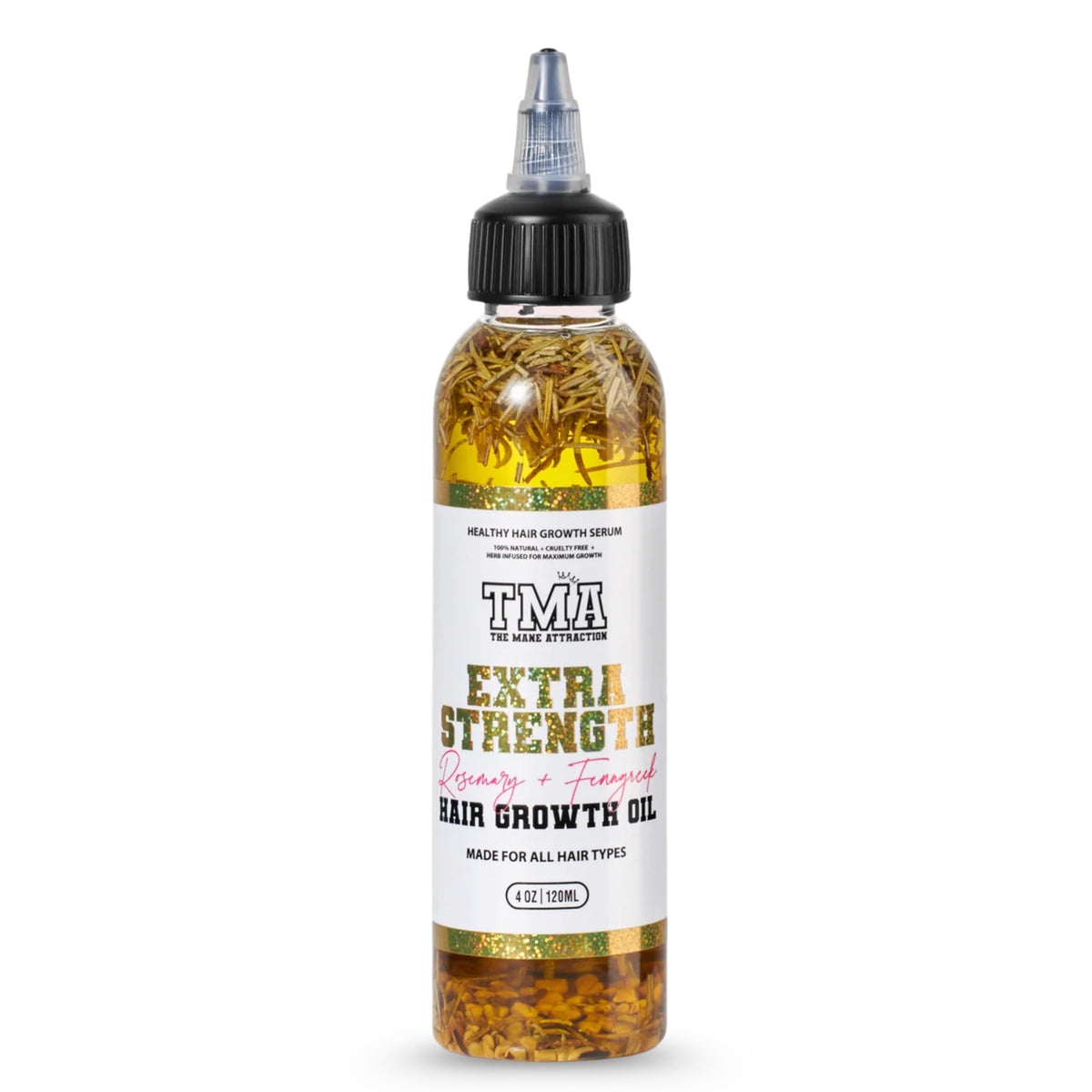 The Mane Attraction extra-strength rosemary fenugreek oil bottle pour for targeted scalp nourishment.