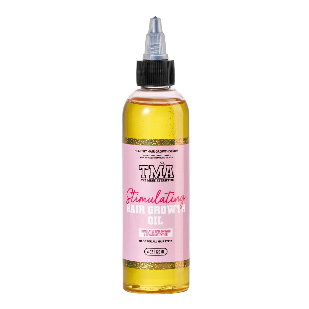 The Mane Attraction Hair Oil bottle closeup highlights nourishing blend for hair growth support.