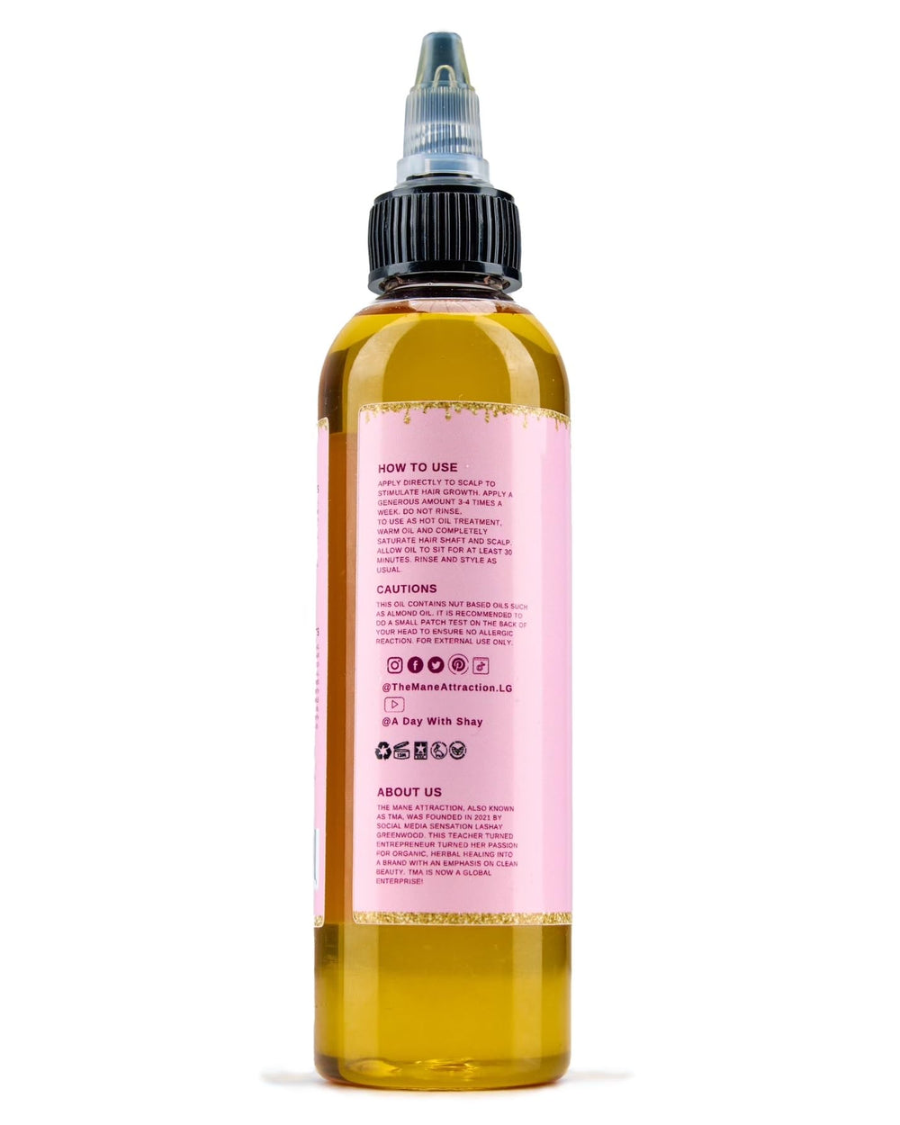 The Mane Attraction Hair Oil daily-use shot emphasizes quick-absorb formula for gentle, non-greasy hydration.