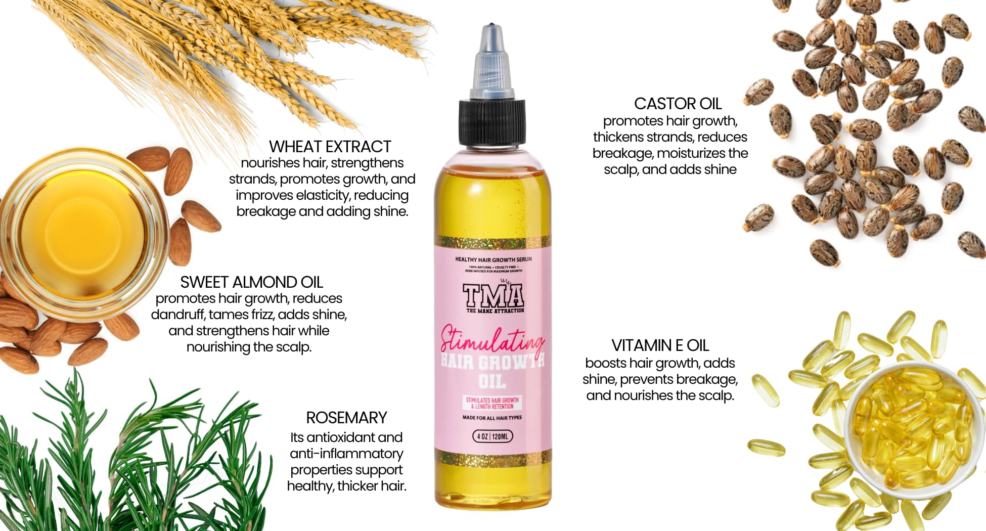 The Mane Attraction Hair Oil ingredients scene features rosemary, castor, and black seed for scalp nourishment.
