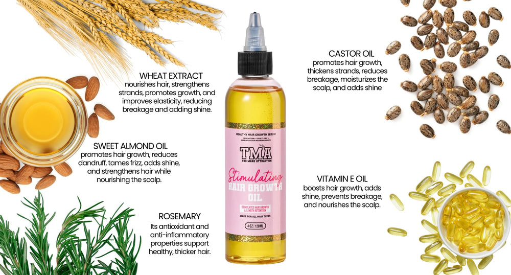 The Mane Attraction Hair Oil ingredients scene features rosemary, castor, and black seed for scalp nourishment.