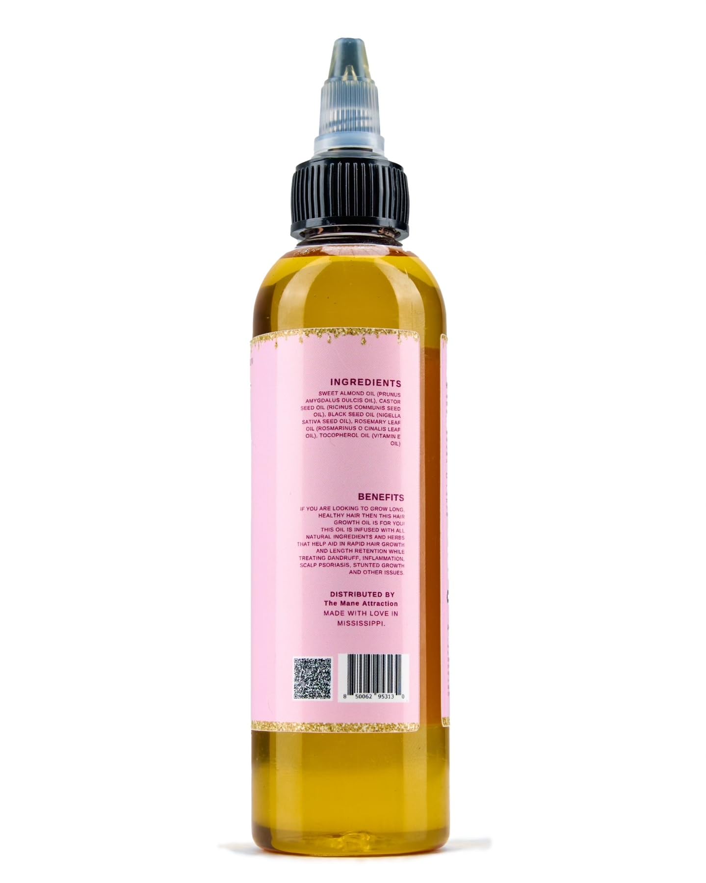 The Mane Attraction Hair Oil packaging display highlights the 4 fl oz bottle for home care.