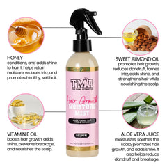 The Mane Attraction Nourishing Daily Hair Growth Moisture Mist ingredients layout shows aloe, honey, almond oil.