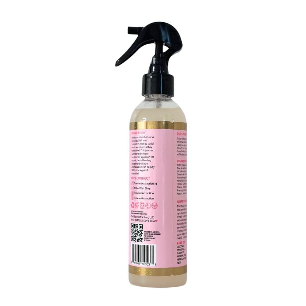 The Mane Attraction Nourishing Daily Hair Growth Moisture Mist packaging highlights 8oz bottle and travel-friendly design.