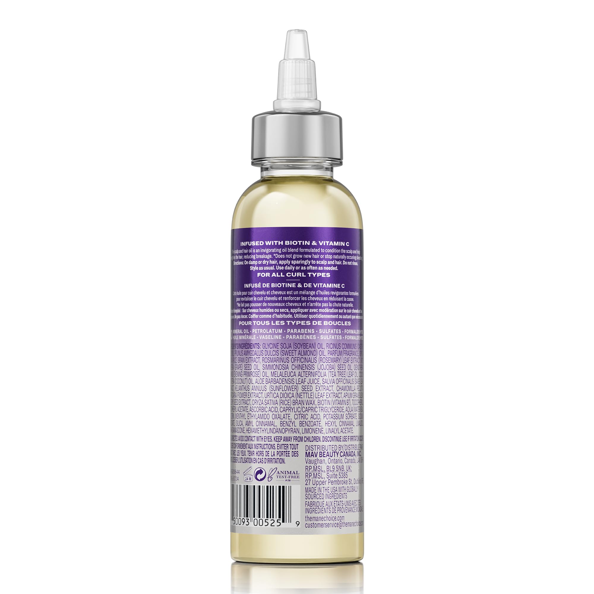 The Mane Choice blend with Jojoba and Tea Tree oils provides soothing scalp care.
