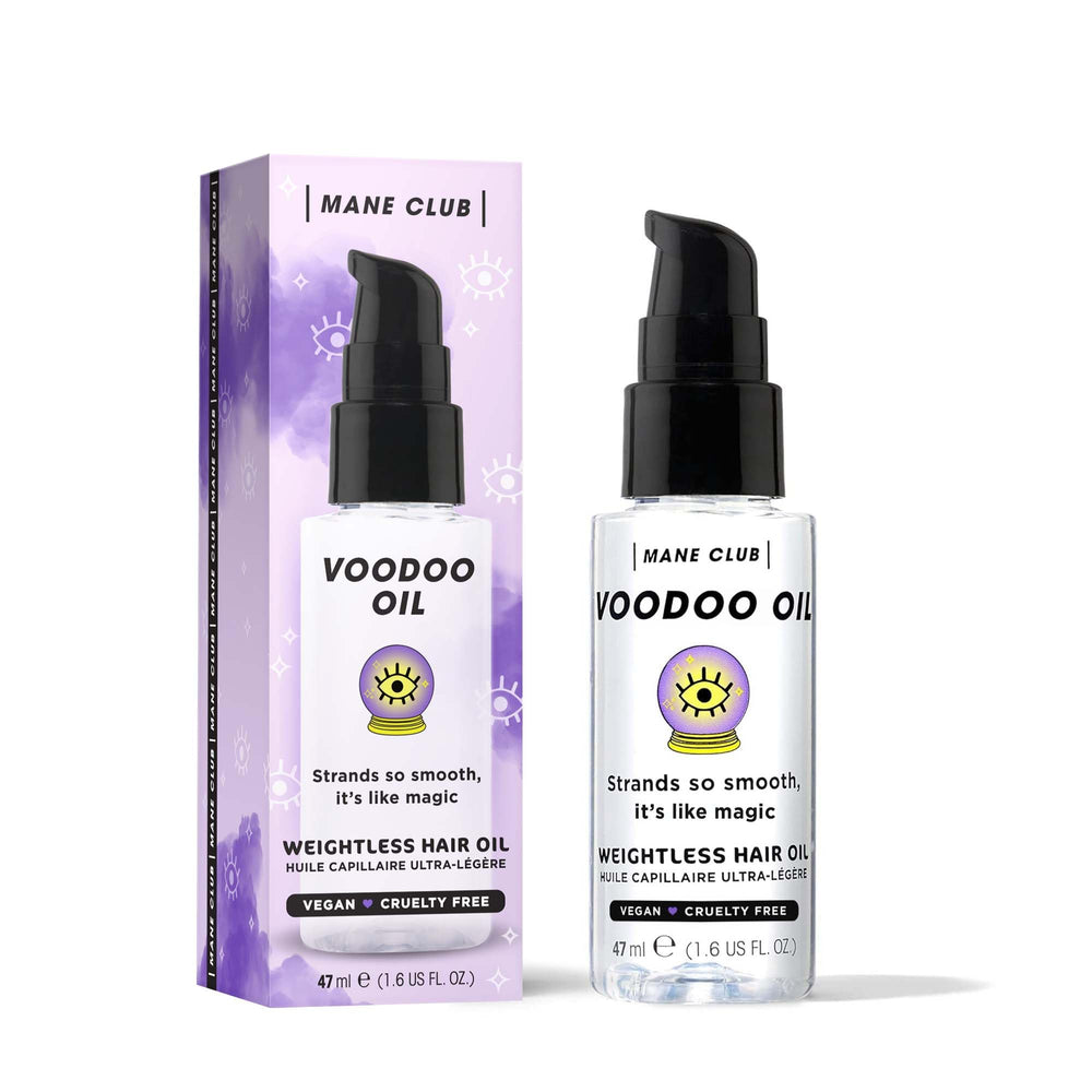 MANE CLUB VOODOO OIL packaging bottle shows clean formula and lightweight feel