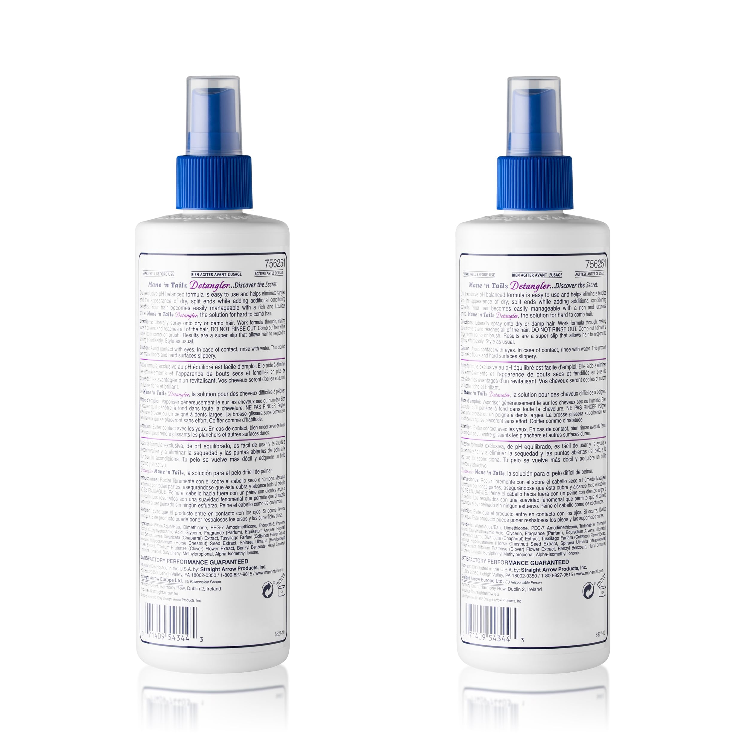 Mane 'n Tail detangler 2-pack Apple Blossom application demonstrates easy spray-on detangling for damp hair.
