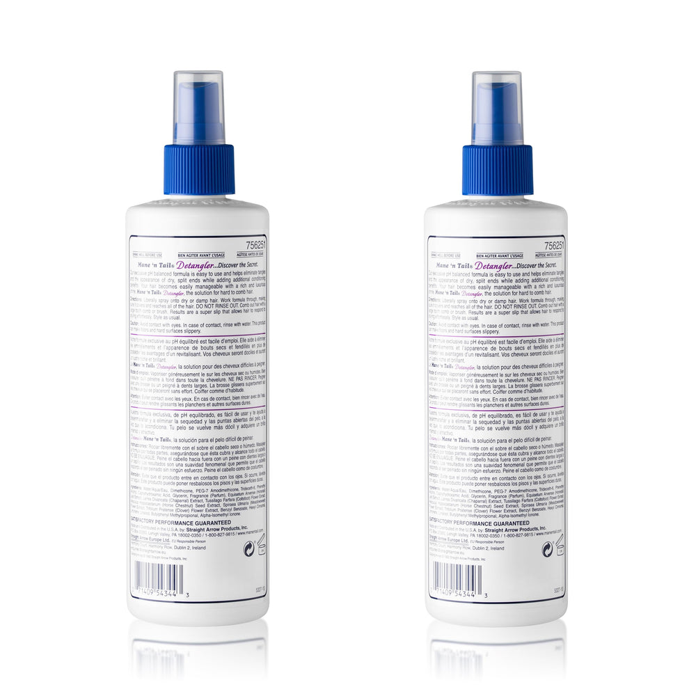 Mane 'n Tail detangler 2-pack Apple Blossom application demonstrates easy spray-on detangling for damp hair.