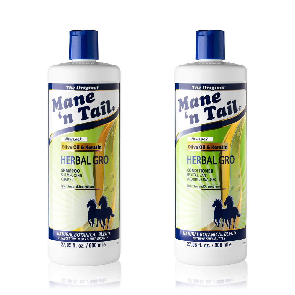 Mane 'n Tail Herbal-Gro shampoo bottle emphasizes nourishment for shiny, healthy-looking hair.