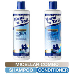 Mane 'n Tail micellar conditioner bottle showing detangling and strengthening benefits.