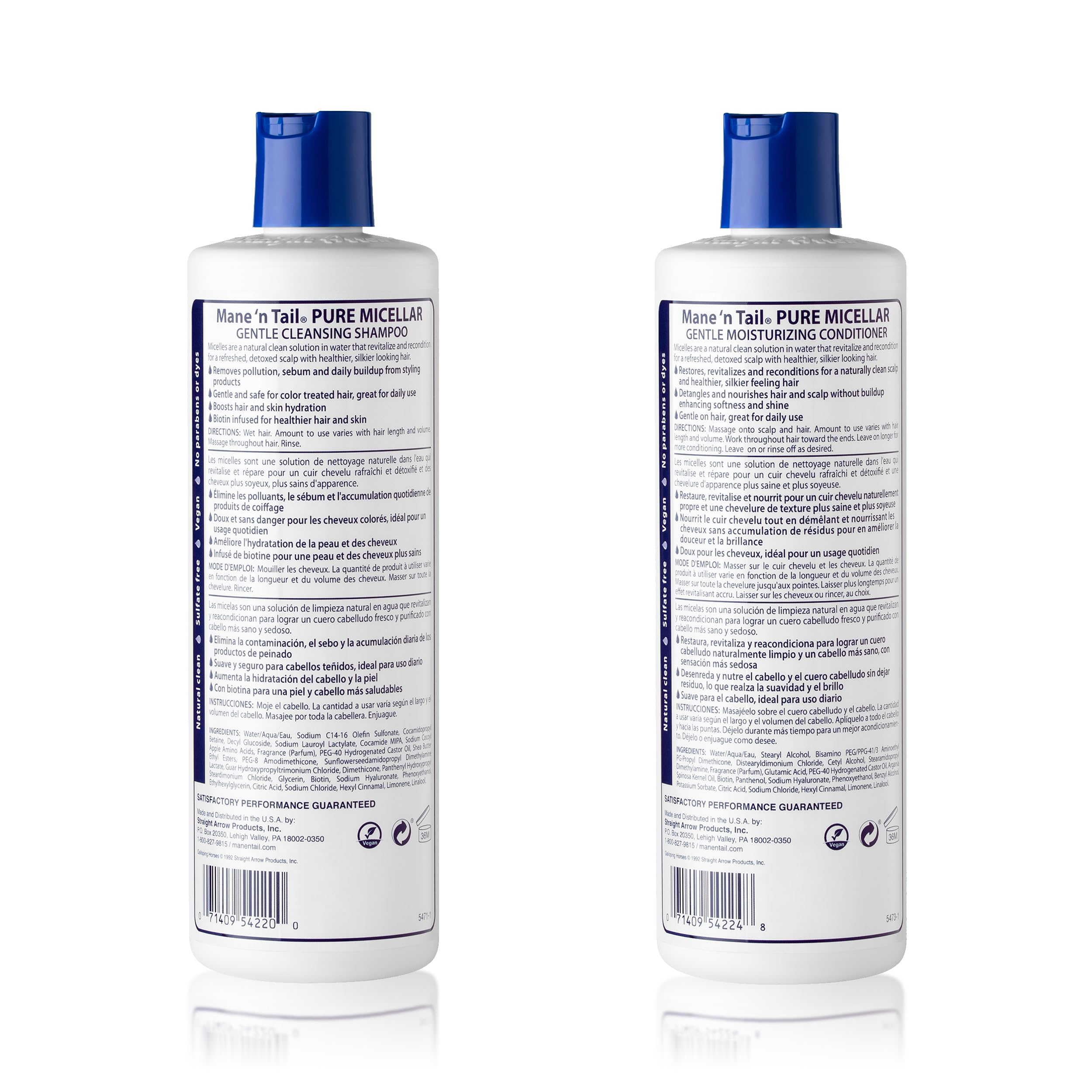 Close-up of Mane 'n Tail micellar shampoo label highlighting vegan biotin cleanse.