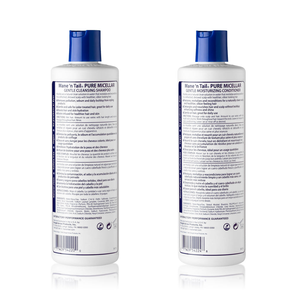 Close-up of Mane 'n Tail micellar shampoo label highlighting vegan biotin cleanse.