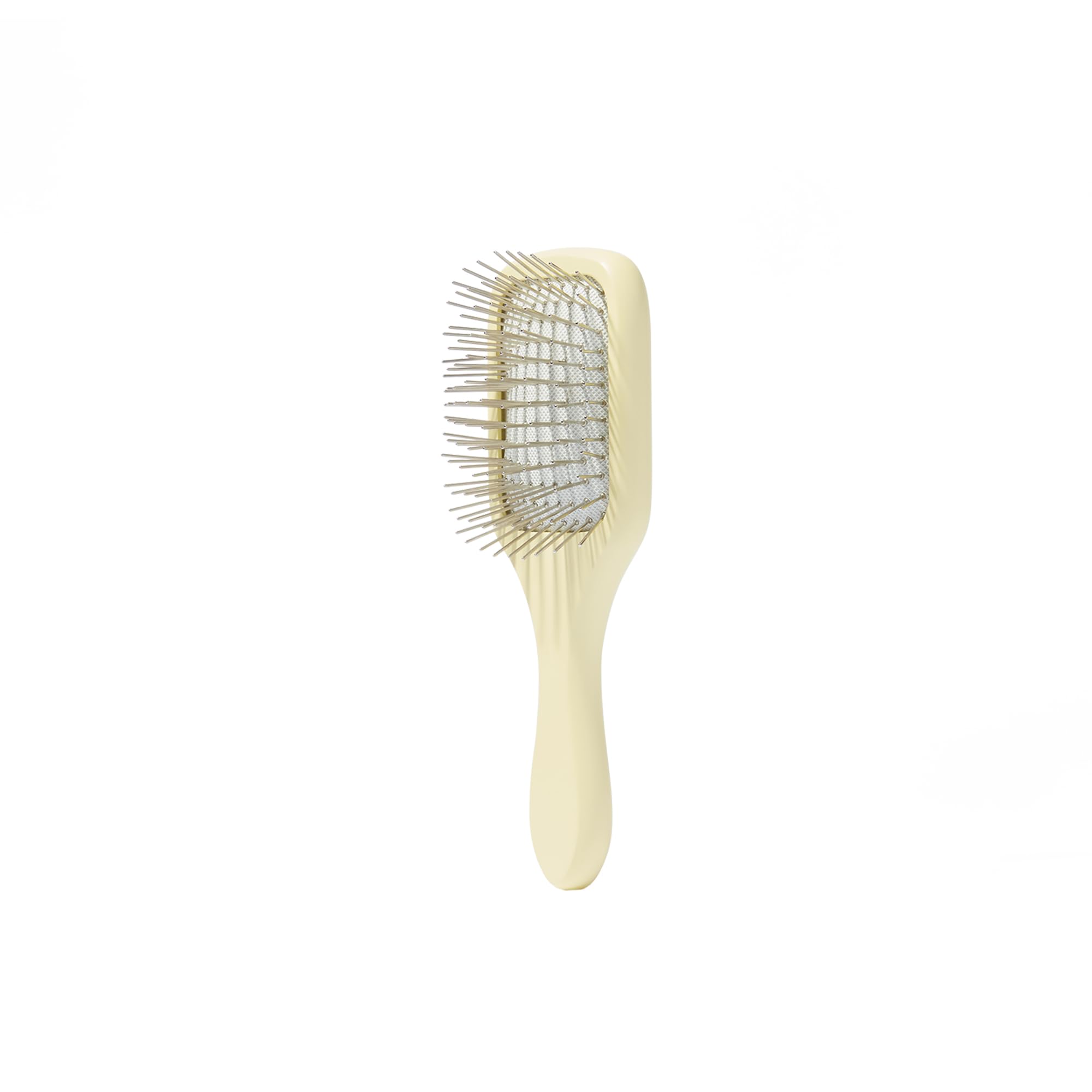 Mane Ready or Knot Mini Detangler Brush metal bristles close-up, promotes oil distribution.