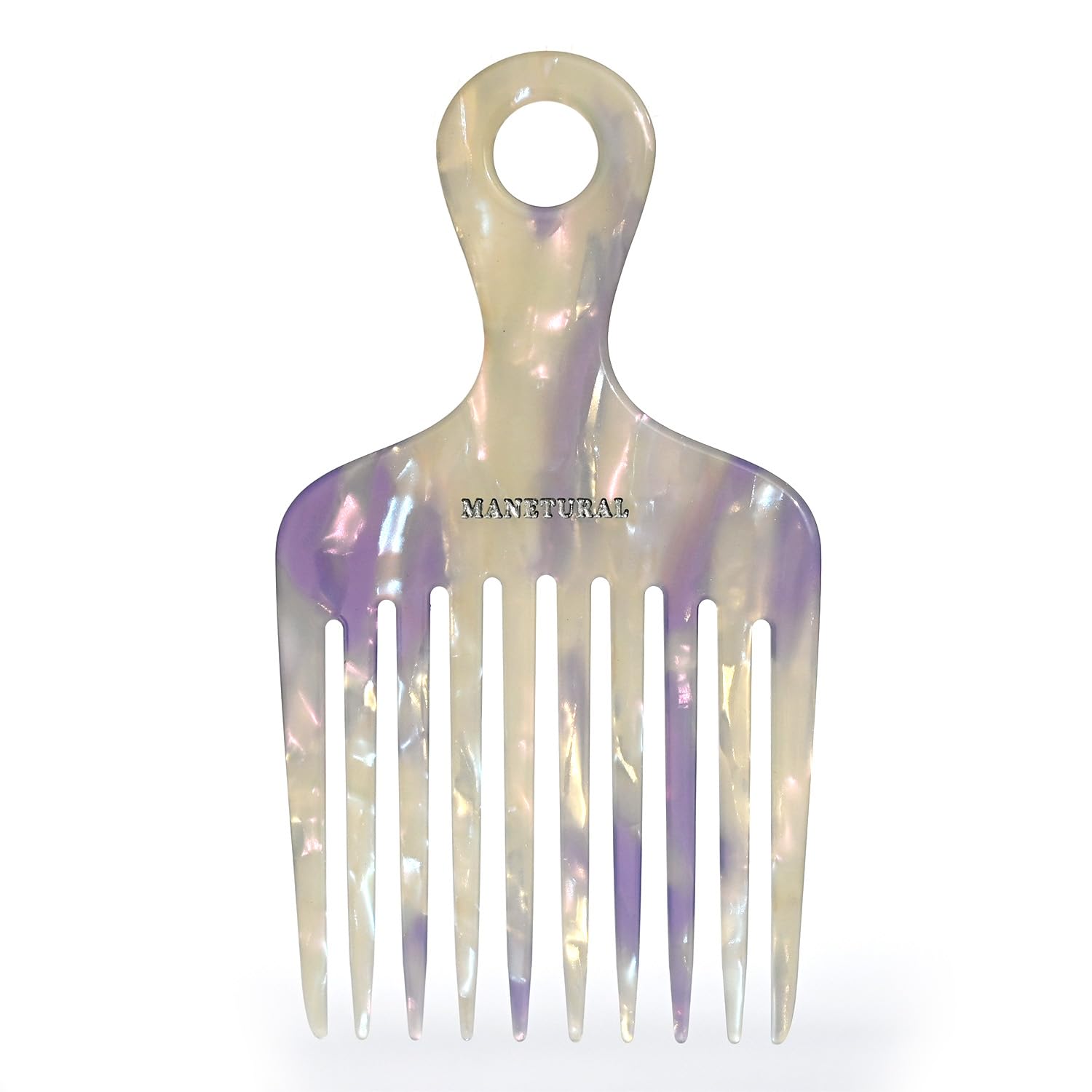 ManetURAL 14MX hair pick close-up in white and purple, smooth curls and detangling