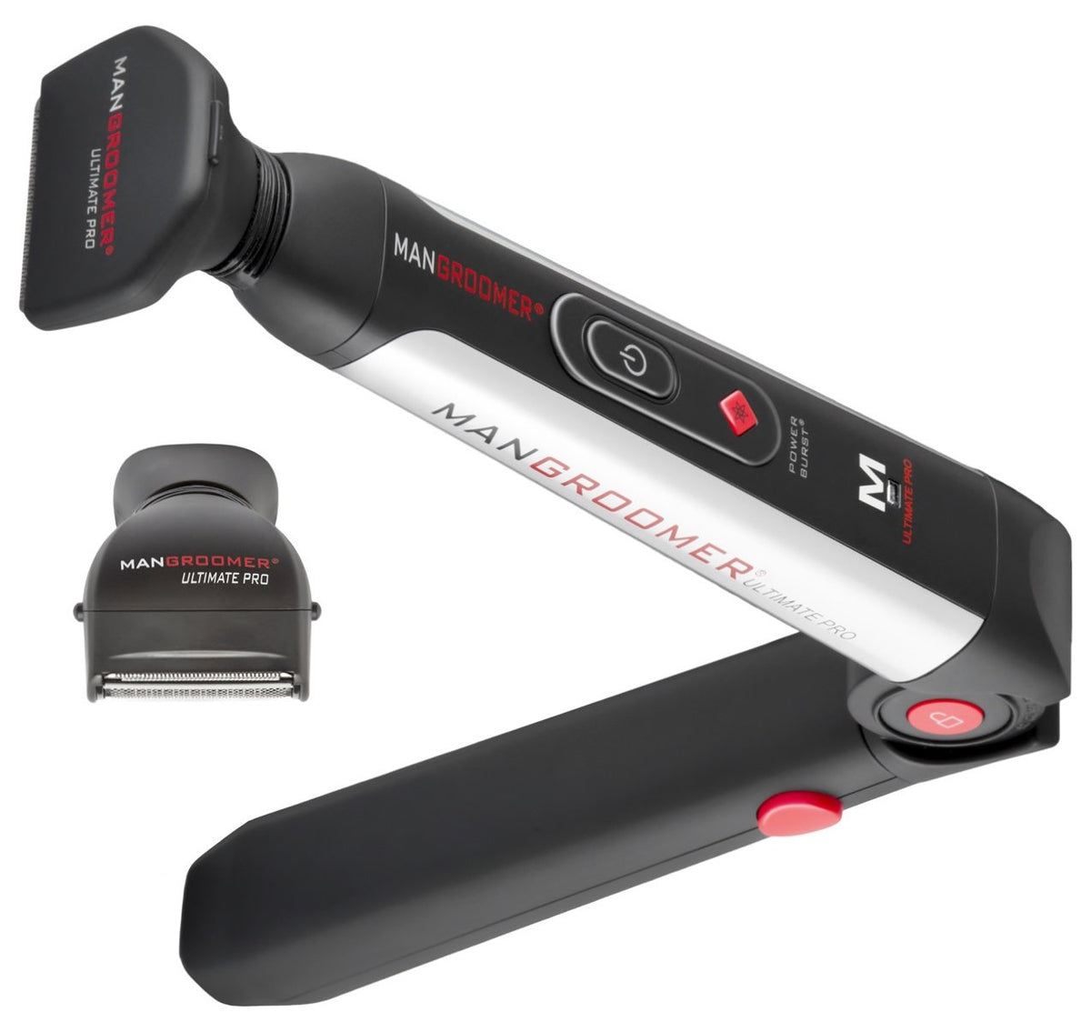 MANGROOMER Ultimate Pro Back Shaver front view with dual heads for full back coverage.
