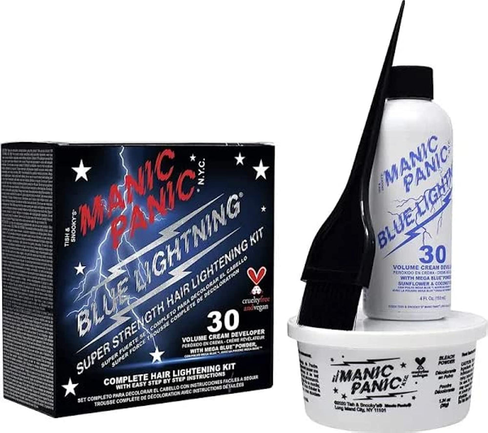 MANIC PANIC Blue Lightning kit packaging shows vegan cruelty-free branding for home color work
