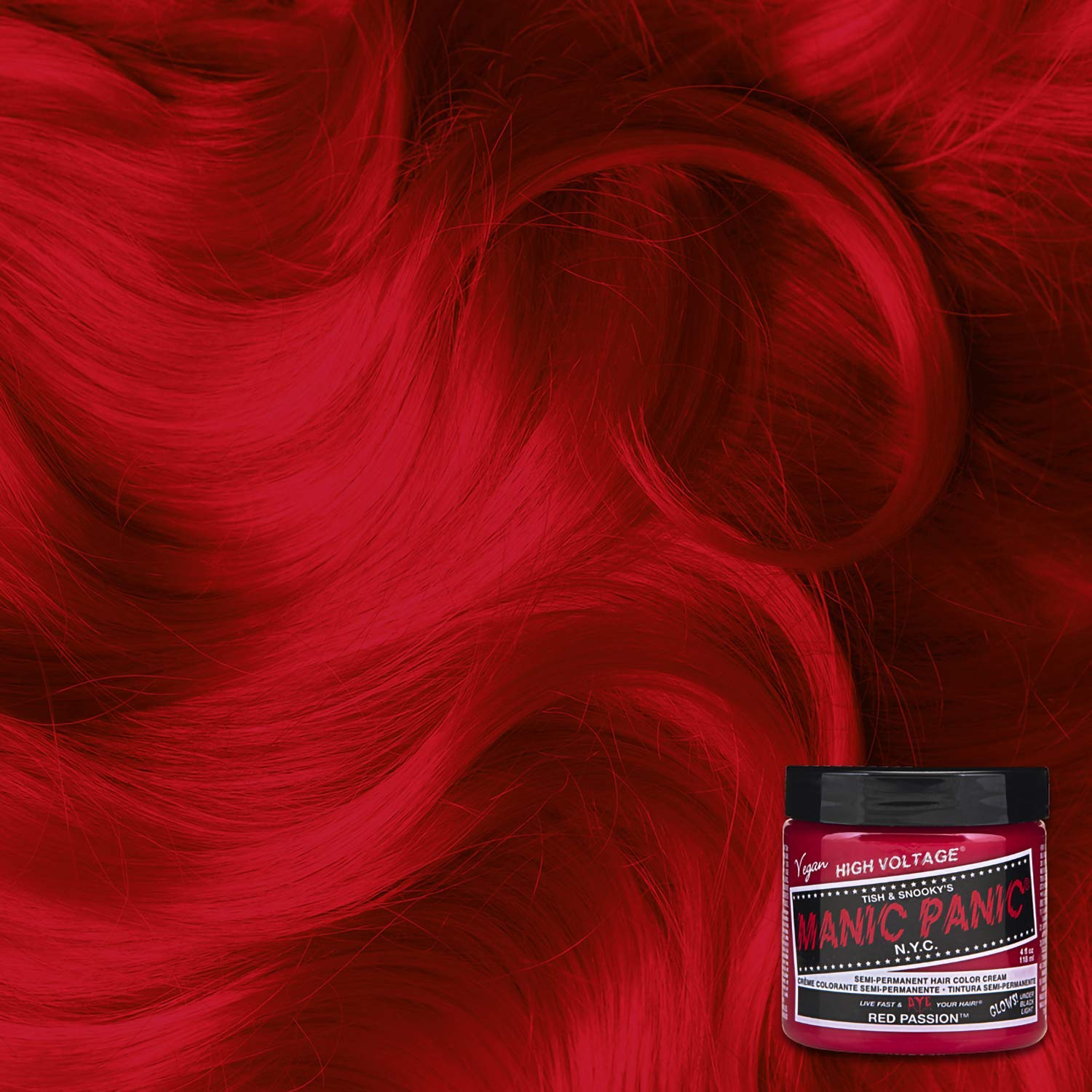MANIC PANIC Classic Red Passion under blacklight shows vivid glow for dramatic salon-ready looks.