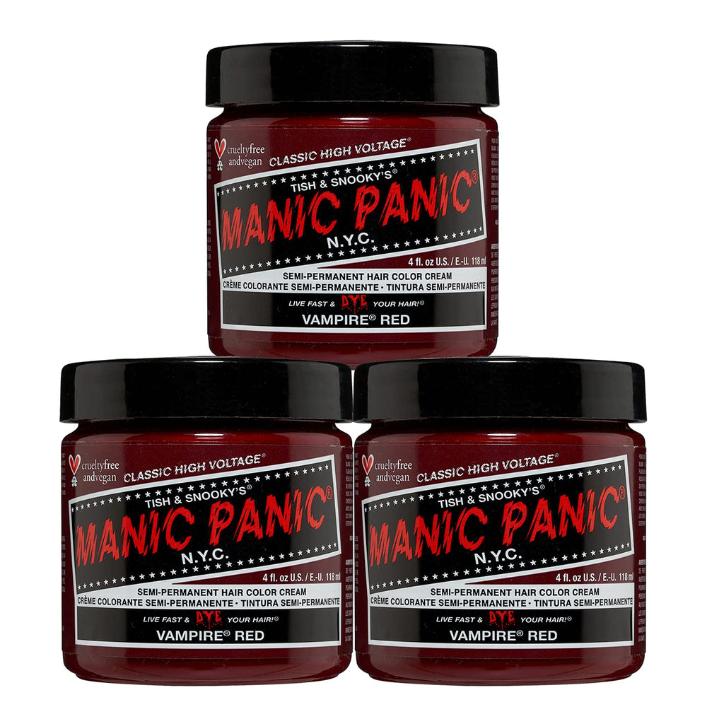 MANIC PANIC Classic Vampire Red bottle close-up highlighting bold pigment for vibrant DIY hair color.