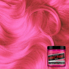 MANIC PANIC Cotton Candy Pink on hair swatch demonstrates bright pink on blonde base