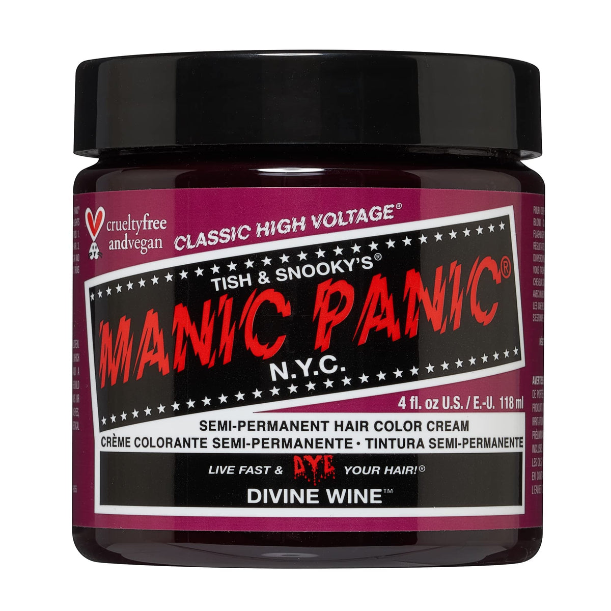 MANIC PANIC Divine Wine bottle closeup showing vibrant, long-lasting color potential