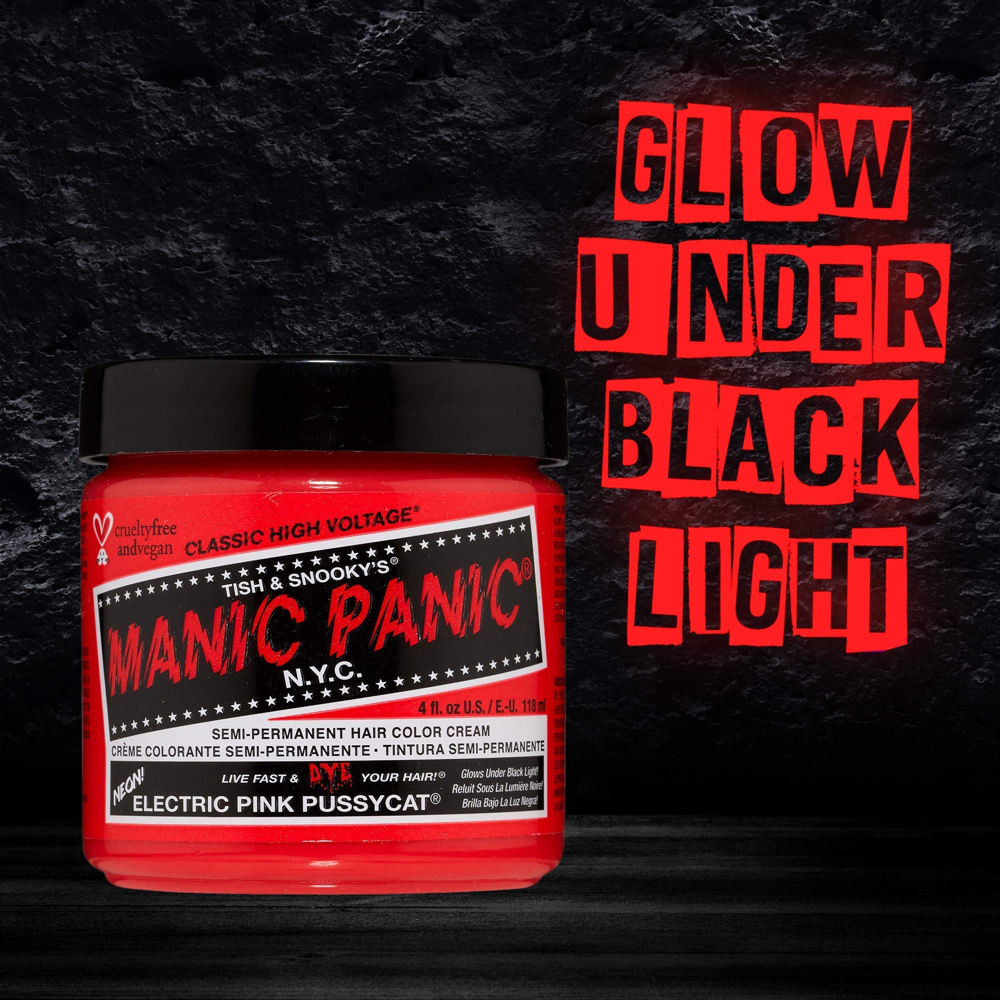 MANIC PANIC Electric Pink Pussycat glow under UV light for festivals.