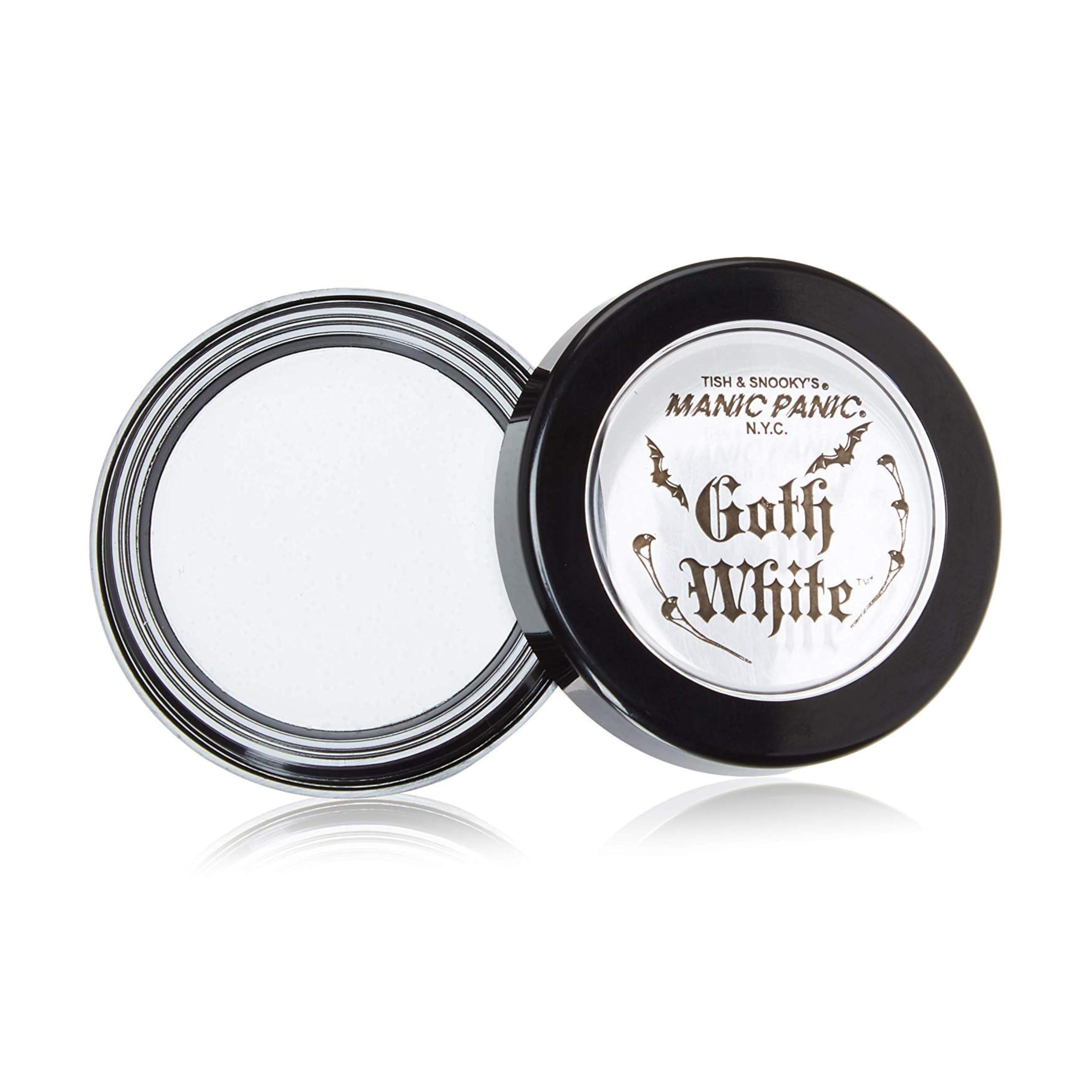 MANIC PANIC Goth White Foundation bottle demonstrates velvety cream-to-powder texture for bold base