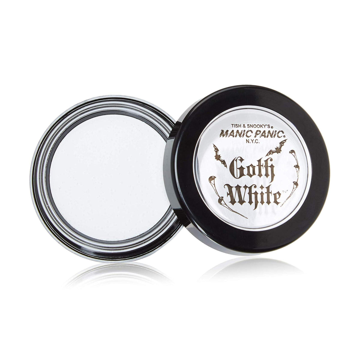MANIC PANIC Goth White Foundation bottle demonstrates velvety cream-to-powder texture for bold base