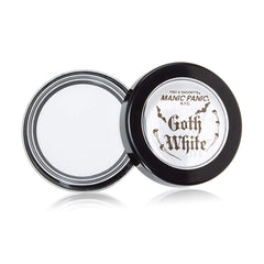MANIC PANIC Goth White Foundation bottle demonstrates velvety cream-to-powder texture for bold base