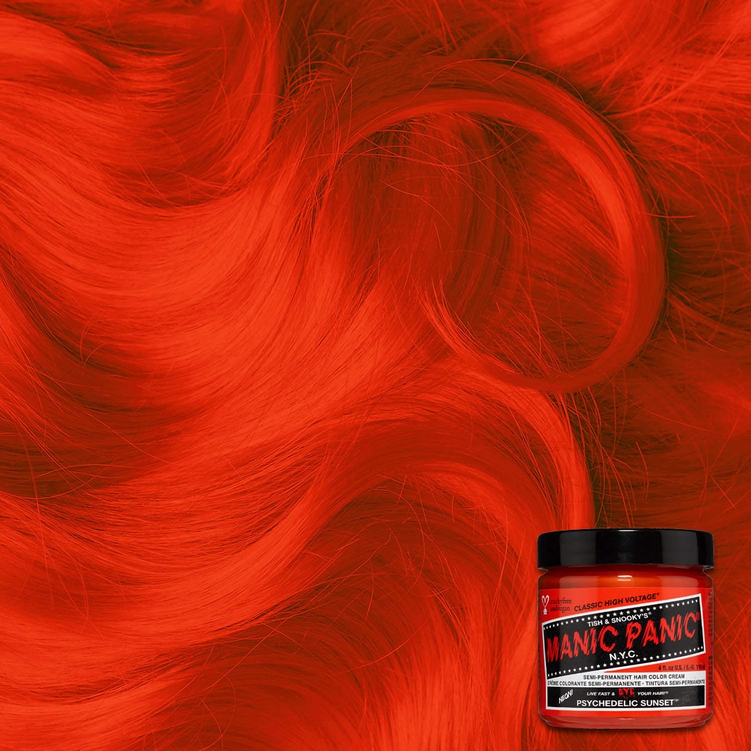 MANIC PANIC neon-orange application demonstrates bold color on pre-lightened hair.