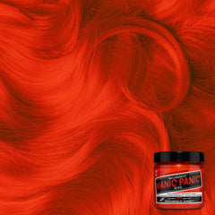 MANIC PANIC neon-orange application demonstrates bold color on pre-lightened hair.