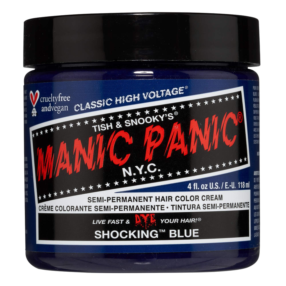 MANIC PANIC Shocking Blue bottle shows bold pigment for vibrant color results.