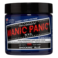 MANIC PANIC Shocking Blue bottle shows bold pigment for vibrant color results.