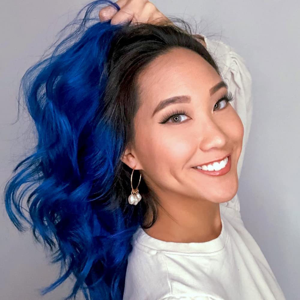 MANIC PANIC Shocking Blue conditioned hair appears soft after color application.