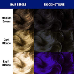 MANIC PANIC Shocking Blue on pre-lightened hair targets best results at level 9–10 blonde.